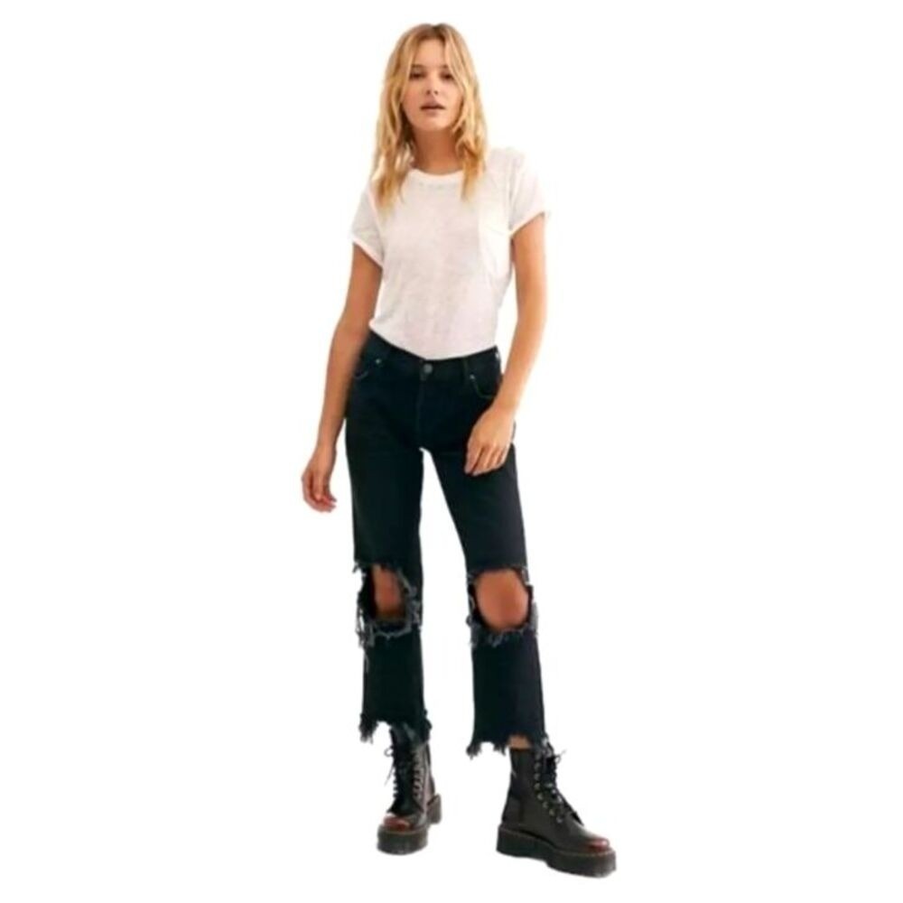 We The Free Maggie Jeans 26 Distressed Black Mid Rise Straight Button Fly Grunge